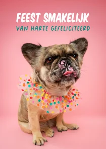 Lieve verjaardagskaart van Franse bulldog met taart