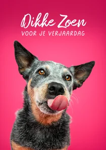 Lieve verjaardagskaart van vrolijke hond met tong uit bek