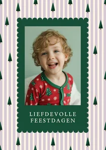 Lila gestreept kerstkaartje met foto en kerstbomen