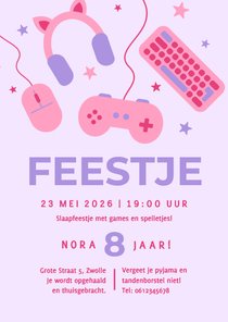 Lila kinderfeestje uitnodiging gamen meisje