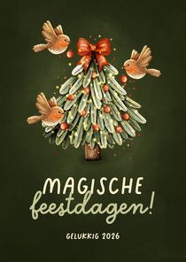 Magisch kerstkaartje kerstboom drie roodborstjes