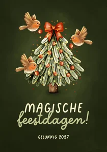 Magisch kerstkaartje kerstboom drie roodborstjes