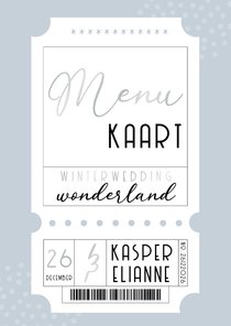 Menu trouwkaart blauw winter wedding ticket 