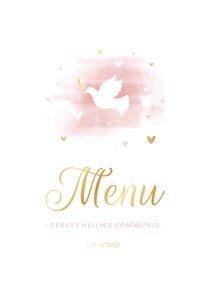 Menukaart communie duif met hartjes en waterverf