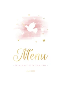 Menukaart communie duif met hartjes en waterverf