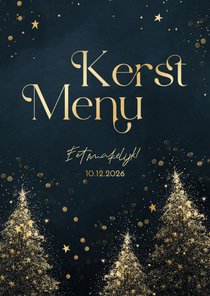 Menukaart kerst donkerblauw met gouden kerstbomen