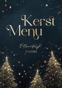 Menukaart kerst donkerblauw met gouden kerstbomen