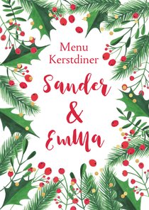 Menukaart kerstdiner kersttakken, hulst en confetti