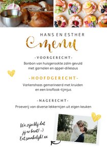 Menukaart met foto en gouden letters staand