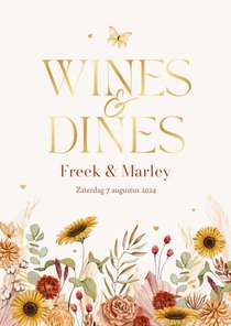 Menukaart wines dines bohemian bloemen vlinders hartjes goud