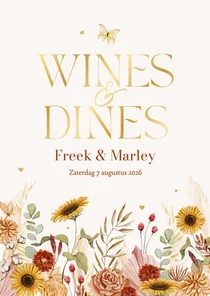 Menukaart wines dines bohemian bloemen vlinders hartjes goud