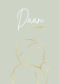 Minimalistisch geboortekaartje baby met mutsje – goudfolie