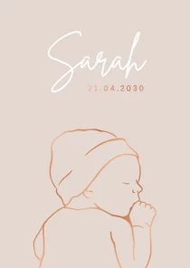 Minimalistisch geboortekaartje baby met mutsje – koperfolie