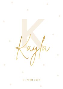 Minimalistisch geboortekaartje met stipjes en initiaal goud