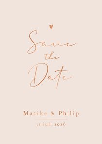 Minimalistisch save the date trouwkaart hartje koper