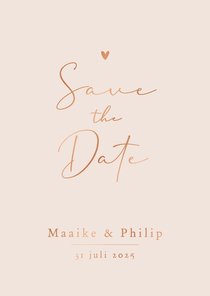 Minimalistisch save the date trouwkaart hartje koper