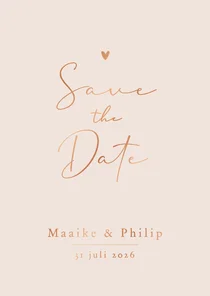 Minimalistisch save the date trouwkaart hartje koper