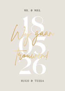 Minimalistische trouwkaart grote datum goud neutraal