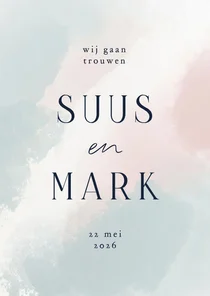 Minimalistische trouwkaart met waterverf roze blauw wit