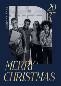 Moderne blauwe kerstkaart voor bedrijf met foto en goudfolie