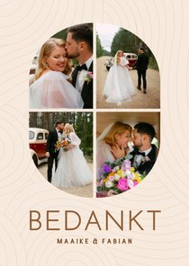 Moderne fotocollage trouwkaart bedankt beige met lijnen