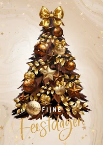 Moderne kerstkaart bruine kerstboom gouden strikken