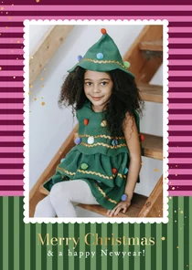 Moderne kerstkaart streeppatroon foto kader kleurrijk goud