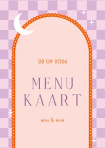 Moderne menukaart met lila ruitjes en oranje boog met maan