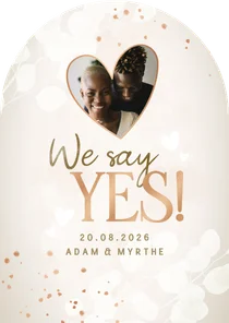 Moderne trouwkaart eucalyptus we say yes hartjes en foto