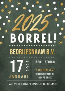 Moderne uitnodiging nieuwjaarsborrel confetti met goudfolie 