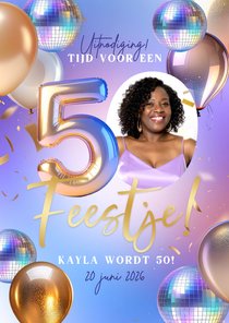 Moderne uitnodiging verjaardag 50 jaar ballonnen disco