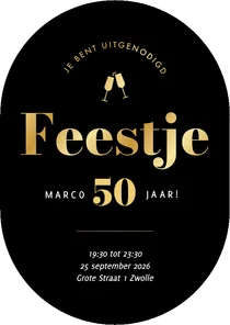 Moderne uitnodigingen feestje zwart goud ovaal