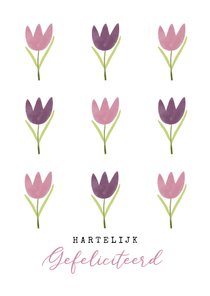 Moderne verjaardagskaart tulpen roze paars vrouw