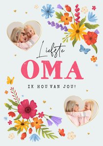 Moederdagkaart liefste oma bloemen foto's hartjes goud