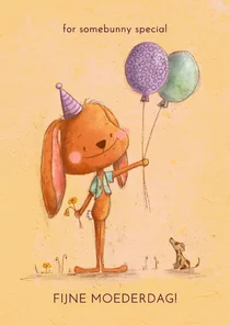 Moederdagkaart met grappige bunny en ballonnen
