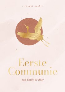 Mooie communiekaarten in roze textuur met goudfolie vogel