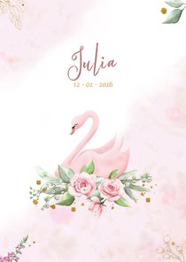 Mooie geboortekaart met zwaan en roosjes