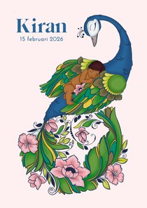 Multicultureel geboortekaartje met pauw en donker kindje