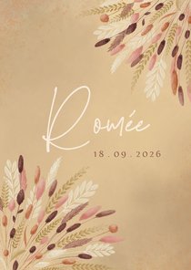 Natuurlijk geboortekaartje droogbloemen zachtbrons en roze