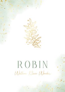 Neutraal geboortekaartje met groene waterverf gouden takje