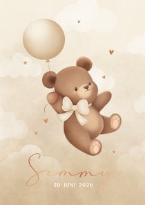 Neutraal geboortekaartje teddybeertje aan ballon met strik