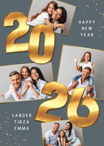 Nieuwjaarskaart 2026 goud cijfers spetters fotocollage