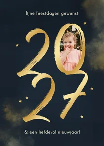 Nieuwjaarskaart 2027 goud met foto en sterretjes