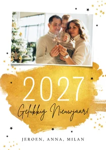 Nieuwjaarskaart 2027 goud verf sterren foto stijlvol