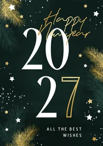 Nieuwjaarskaart 2027 met kersttakjes en gouden sterren