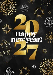 Nieuwjaarskaart 2027 vuurwerk goud happy new year