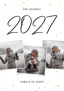 Nieuwjaarskaart fotocollage 2027 met gouden sterren