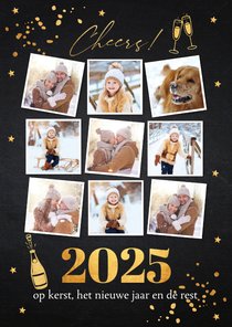 Nieuwjaarskaart fotocollage zwart confetti goudlook 2025