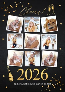 Nieuwjaarskaart fotocollage zwart confetti goudlook 2026