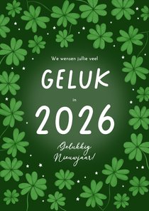 Nieuwjaarskaart groen klavertjes vier geluk 2026